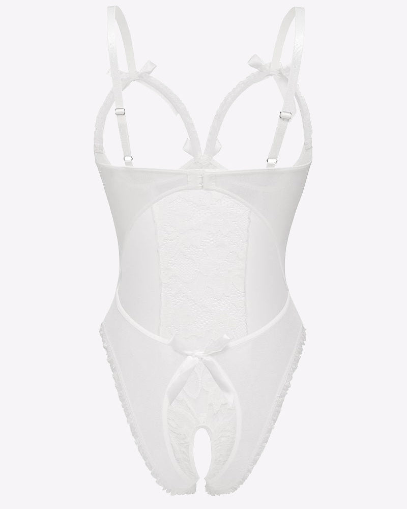 White lace cut-out cup bodysuit with embroidered lace center and bow straps