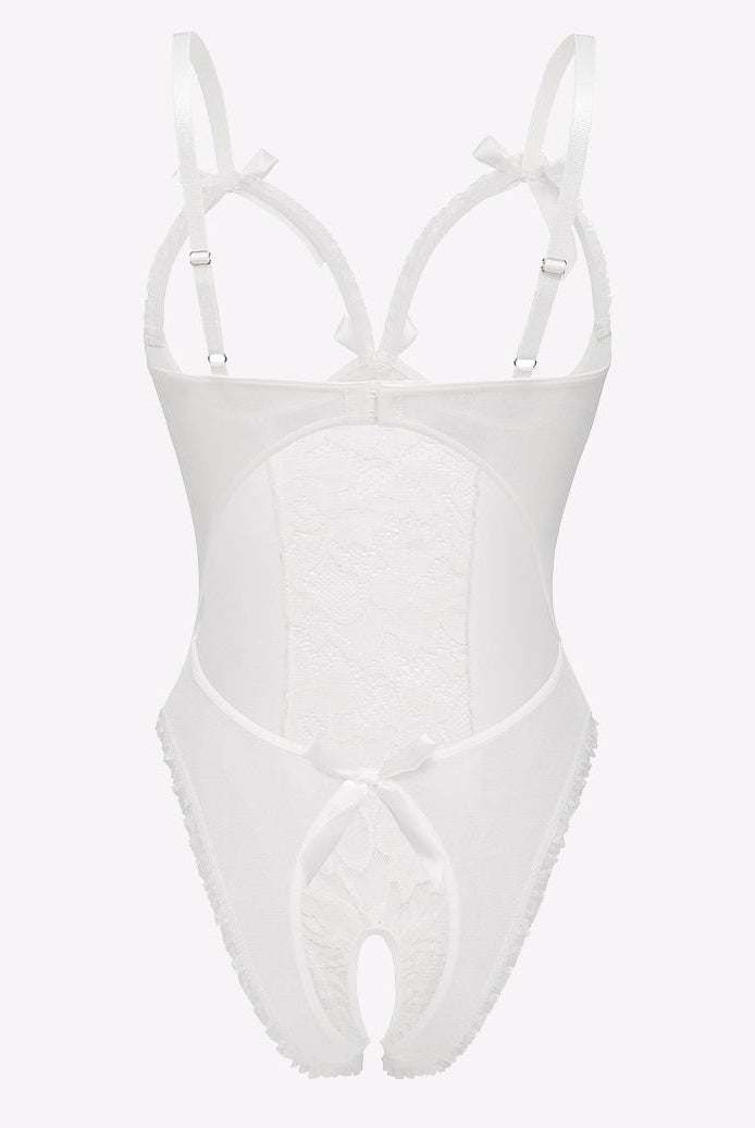 White lace cut-out bodysuit, bow details, adjustable straps, backless design. Sensual lingerie