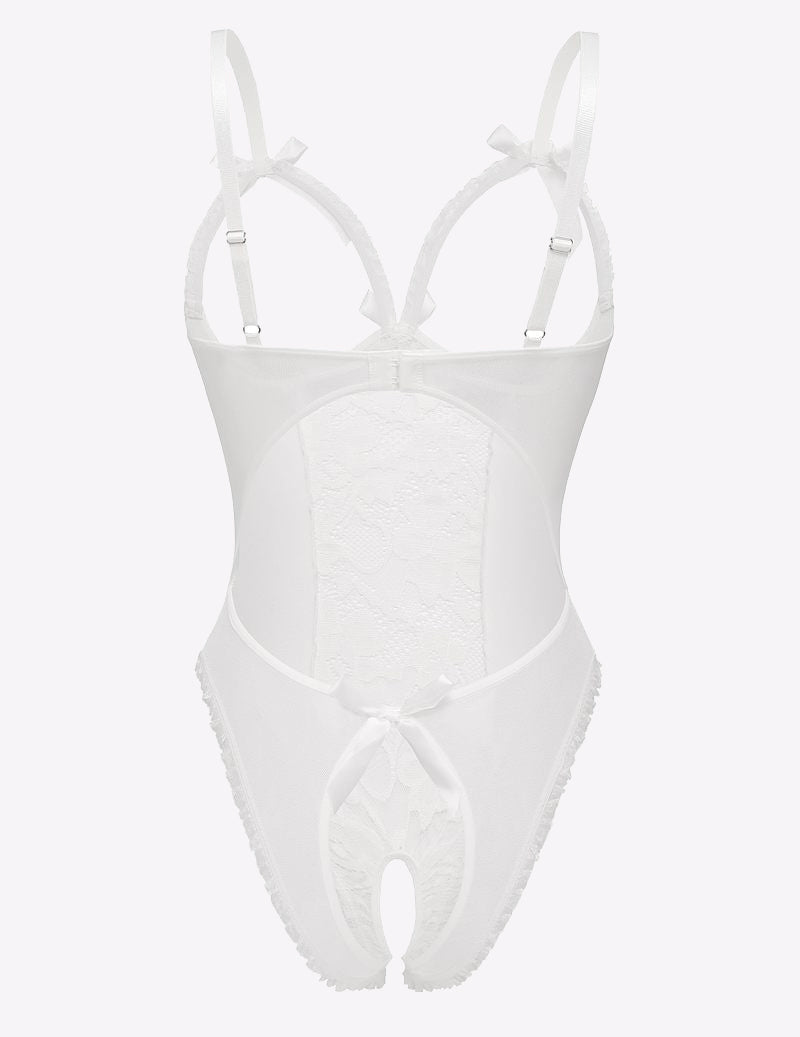 White lace cut-out bodysuit, bow details, adjustable straps, backless design. Sensual lingerie