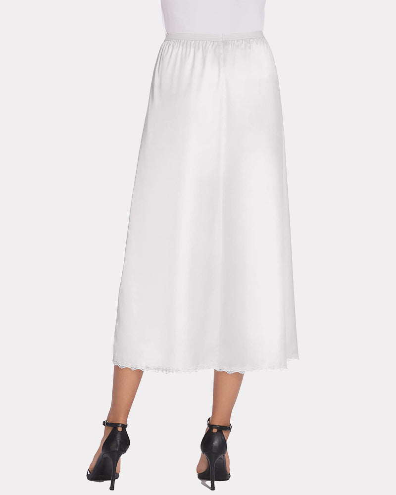 White satin half slip long underskirt with lace trim, elegant and comfortable design
