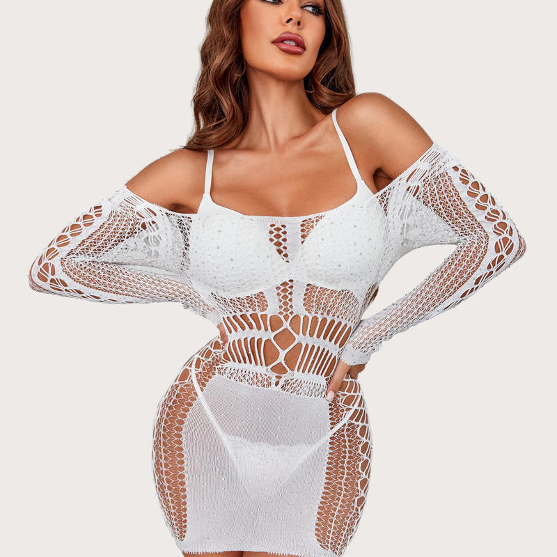 White fishnet rhinestone mini dress with long sleeves and lattice corset panels
