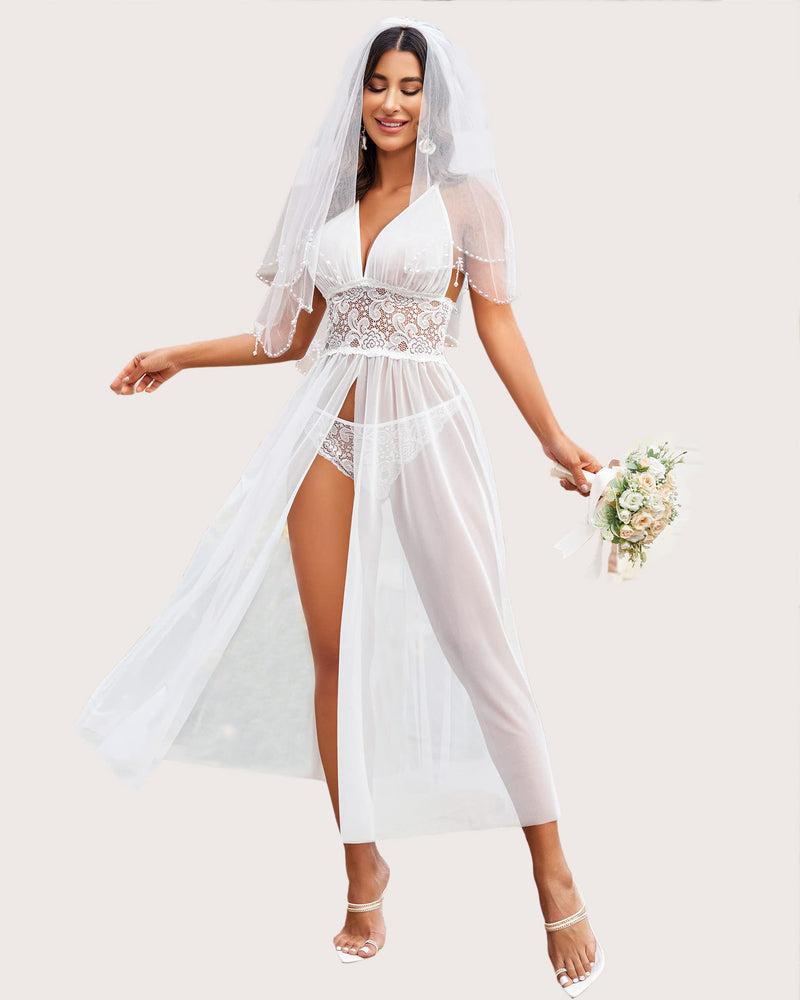White Lace Babydoll Maxi Nightwear Set with Veil and Bouquet - Bridal Lingerie