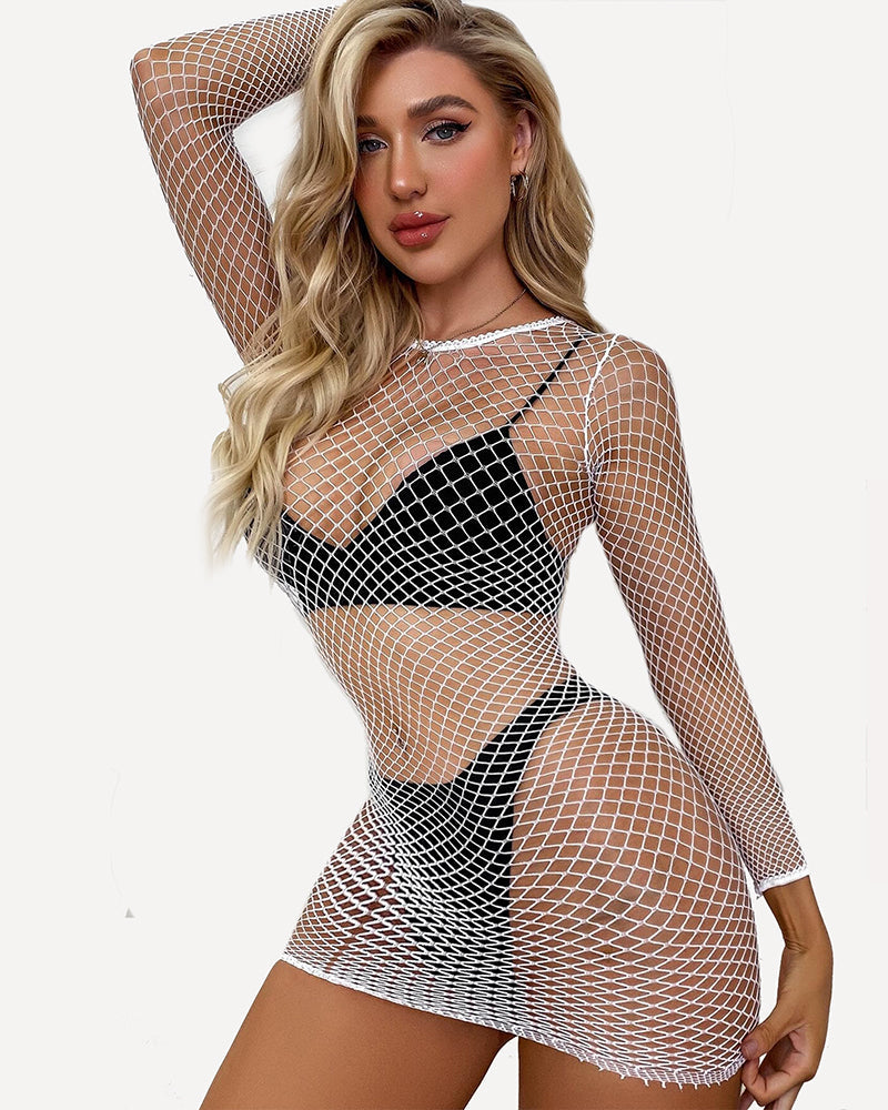 White fishnet long sleeve cover-up dress, a sexy and versatile style, showing curves for women