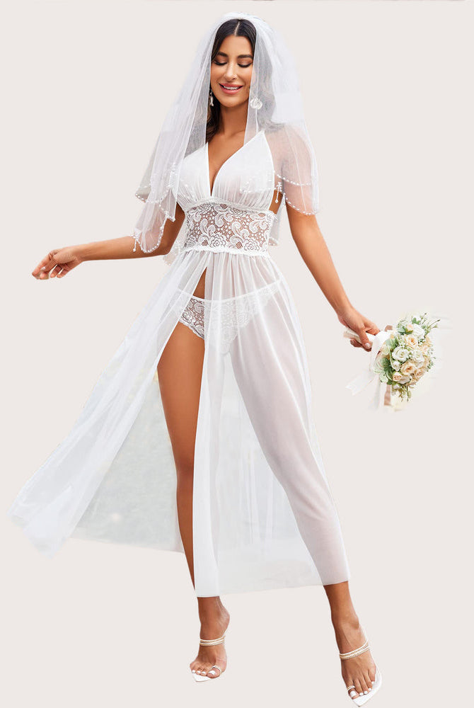 Avidlove white lace bridal nightdress, sheer mesh, V-neck maxi gown, honeymoon lingerie set