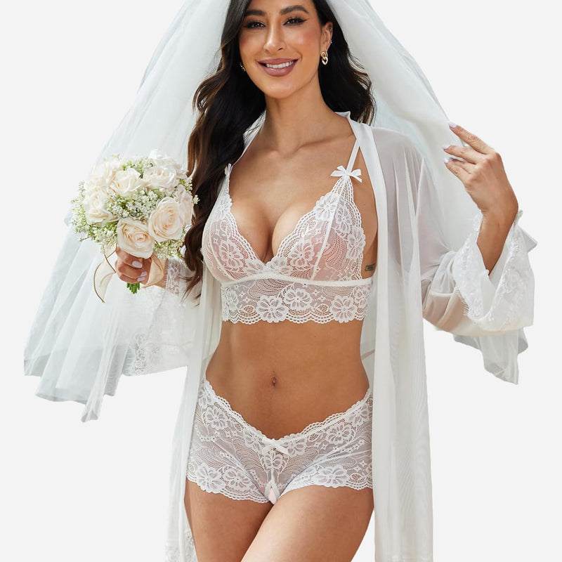 White lace lingerie set with floral lace, perfect as bridal sleepwear