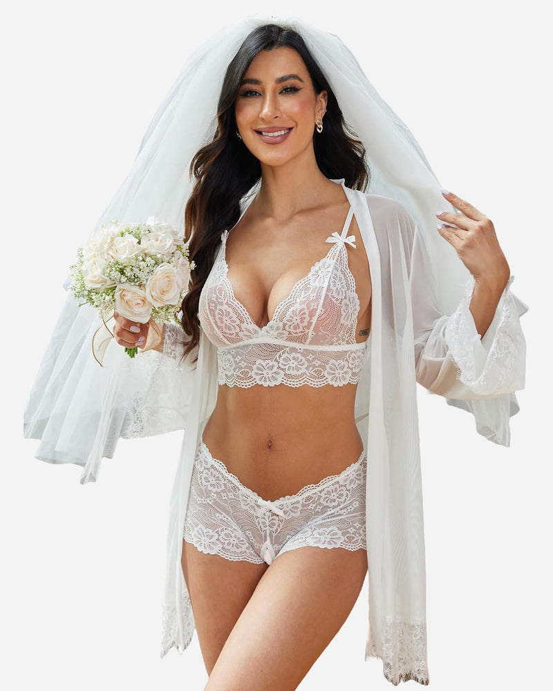 White lace lingerie set with floral lace, perfect as bridal sleepwear