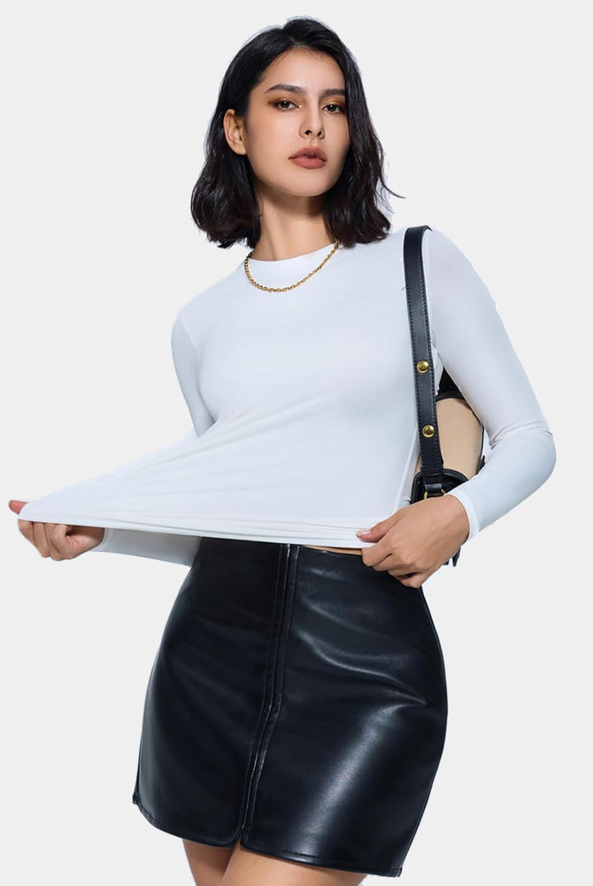 White Y2K double lined long sleeve top, lightweight and breathable loungewear, black leather skirt