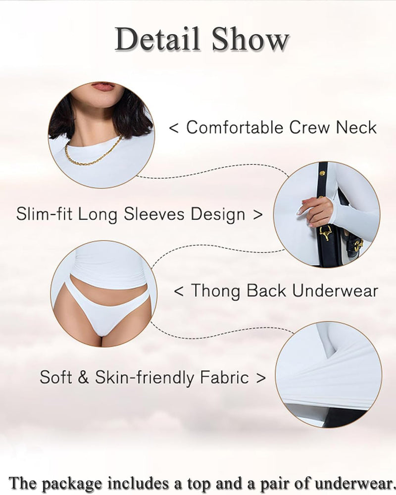 White Y2K double-lined loungewear set: top and underwear. Soft fabric, comfortable fit, long sleeves.