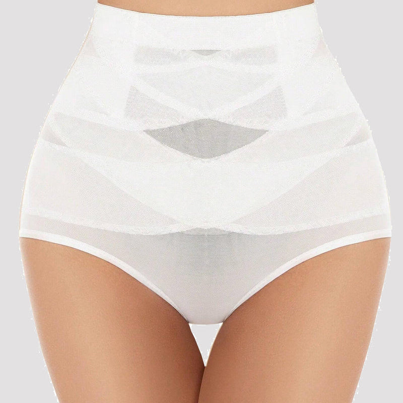White high-waisted tummy control shapewear, criss-cross design for tummy flattening and butt shaping