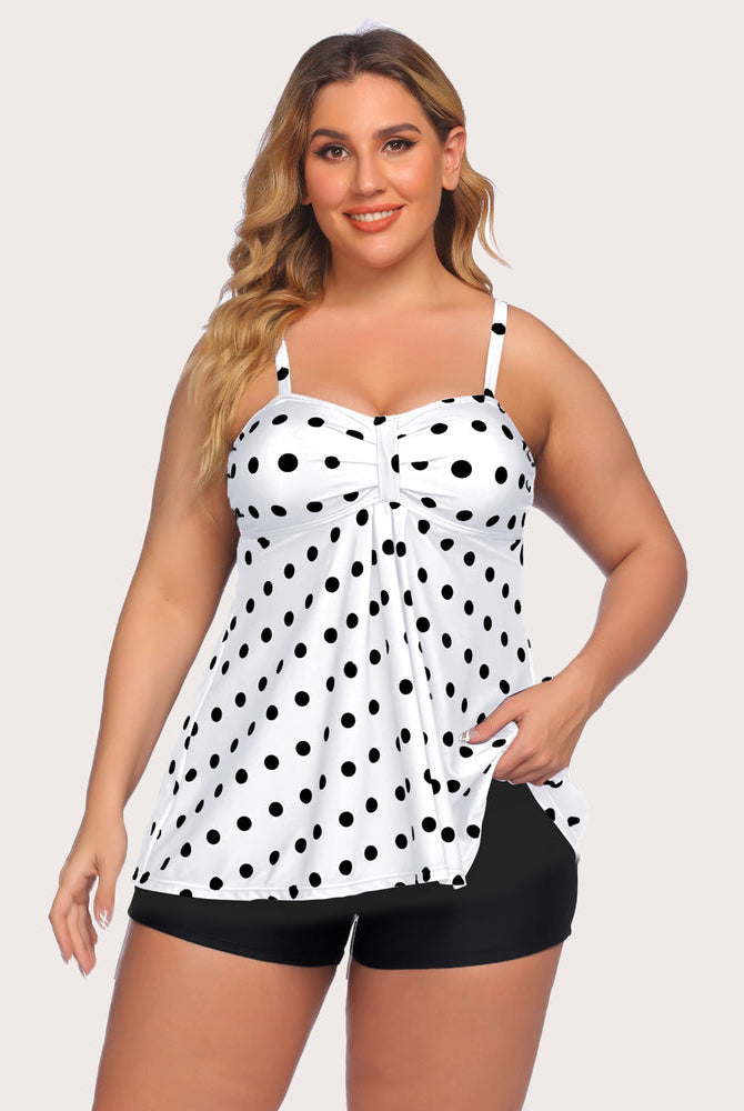 Polka dot tankini set with adjustable straps, retro style swimwear for sun protection.