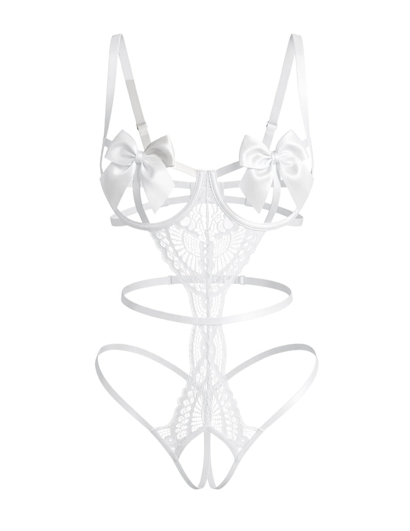 White floral lace teddy with satin bow underwire cups and strappy cutouts