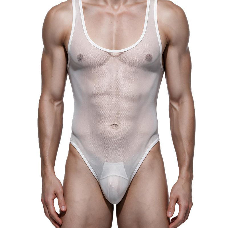 White sheer mesh thong bodysuit with white trim, sleeveless one-piece