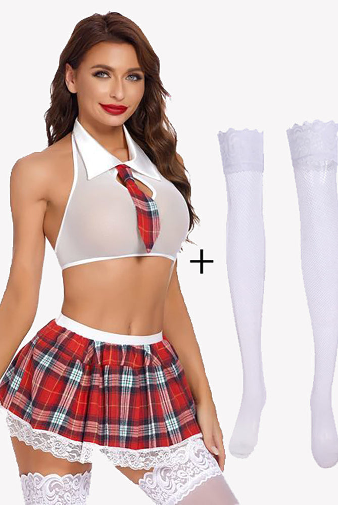 Sexy school girl lingerie set: red plaid skirt, halter top, plaid tie, and stockings