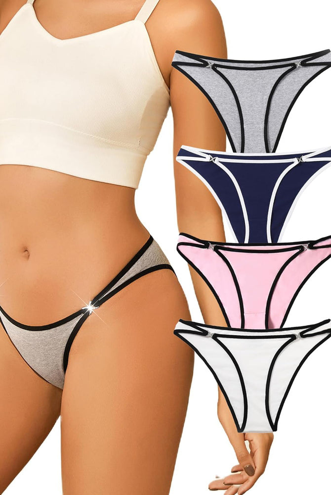Cotton thong panties with rhinestone accents in gray, navy, pink, and white, sensual lingerie