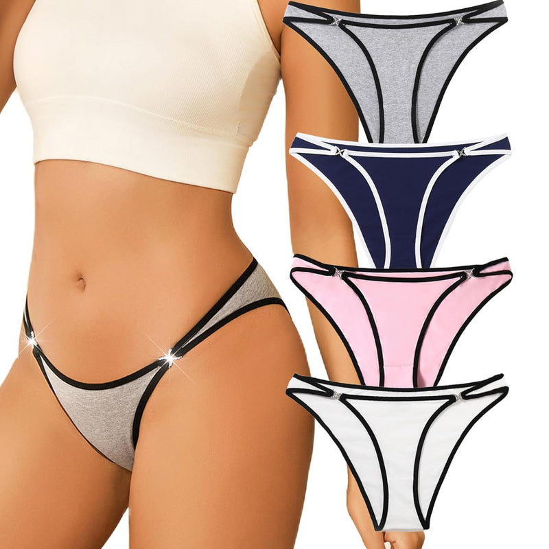 Cotton thong panties with rhinestone accents in gray, navy, pink, and white, sensual lingerie