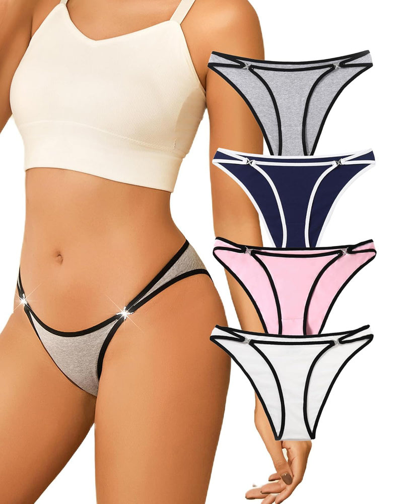 Cotton thong panties with rhinestone accents in gray, navy, pink, and white, sensual lingerie
