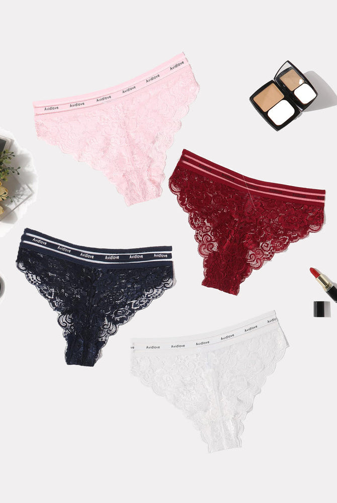 Avidlove floral lace hipster panties in four colors with Avidlove logo. Sexy and comfortable.