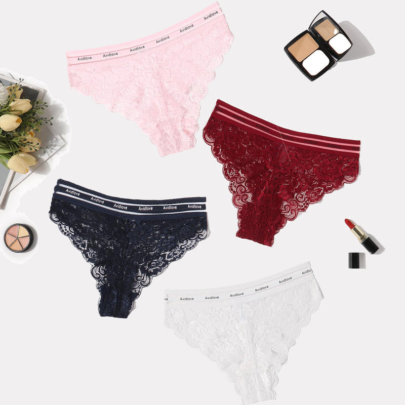 Avidlove floral lace hipster panties in four colors with Avidlove logo. Sexy and comfortable.