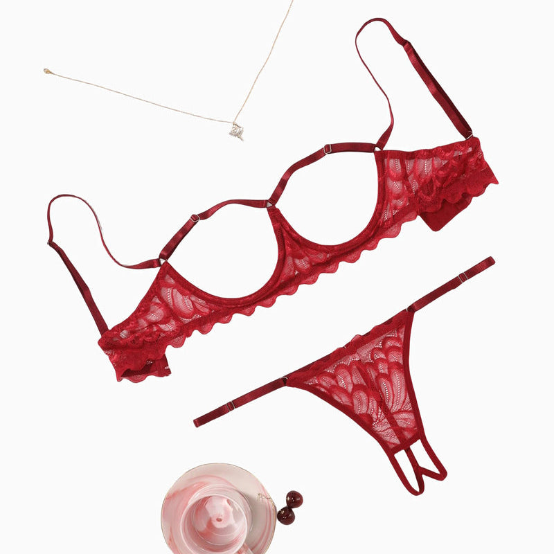 Red lace lingerie set by Avidlove: Open bust bra and thong, adjustable straps, and delicate design.