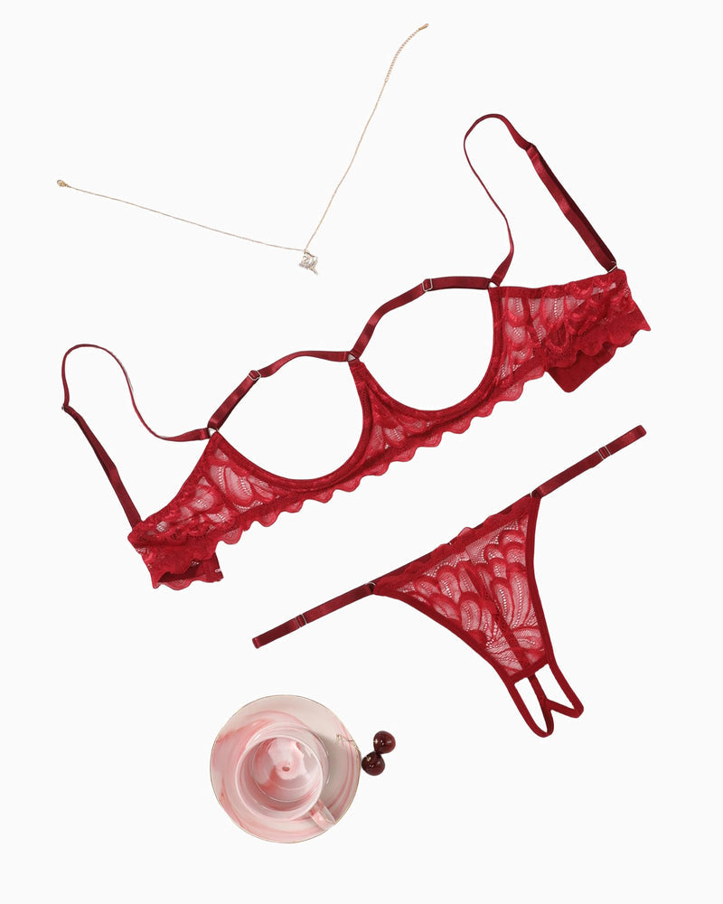 Red lace lingerie set by Avidlove: Open bust bra and thong, adjustable straps, and delicate design.