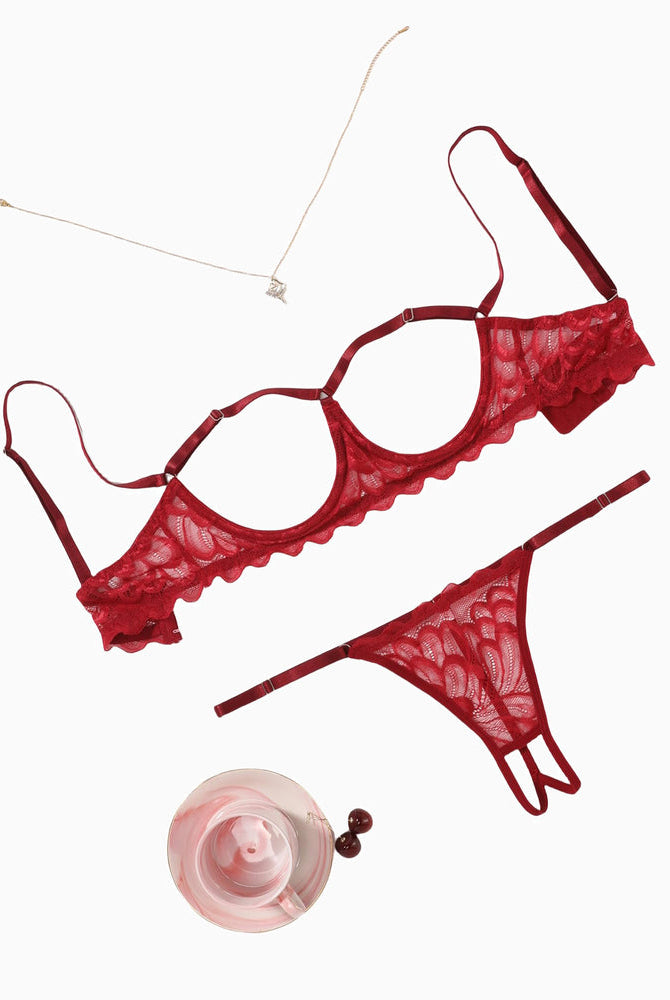 Red lace cupless bra and panty set by Avidlove, lingerie with adjustable straps for women