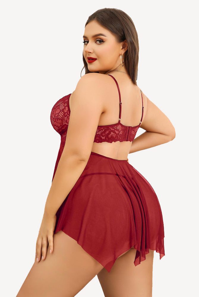 Plus size burgundy lace babydoll lingerie set with adjustable straps and asymmetrical hem