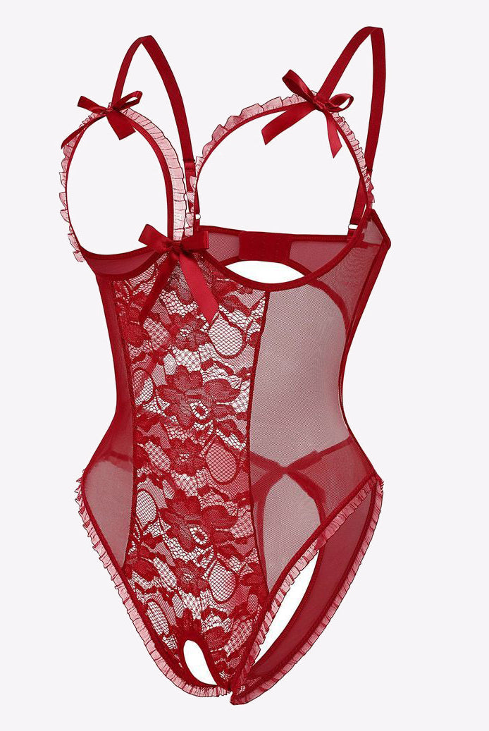 Red lace cut-out bodysuit with adjustable straps and backless design. Sexy lace lingerie, Avidlove.