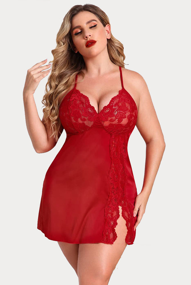 Plus Size Red Satin Nightgown with Lace Trim and Side Slit