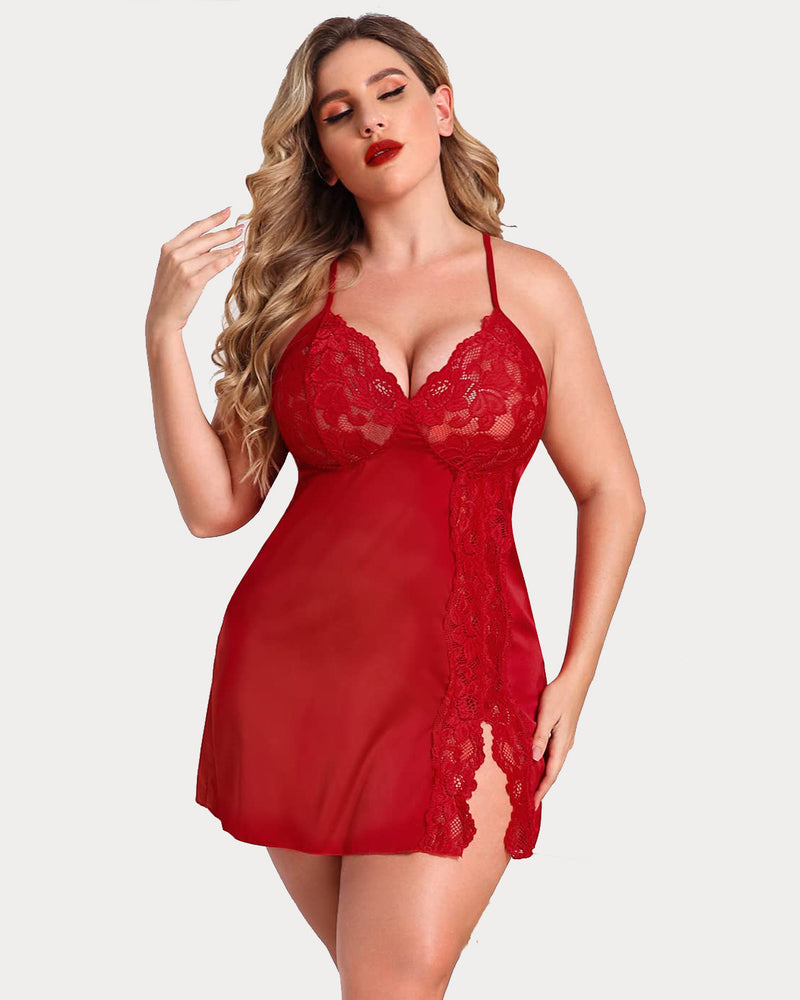 Plus Size Red Satin Nightgown with Lace Trim and Side Slit