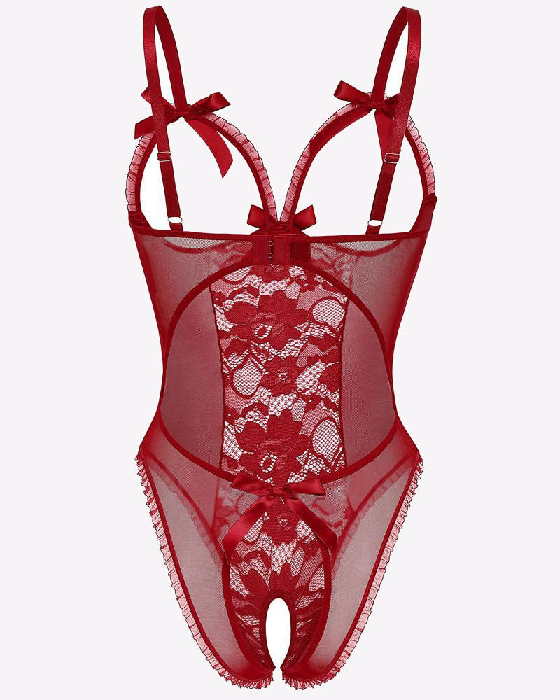 Deep red lace cut-out cup bodysuit with sheer panels and bow shoulder straps