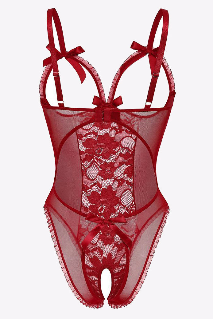 Red lace cut-out bodysuit with bow details, adjustable straps, and open back. Sexy lingerie.