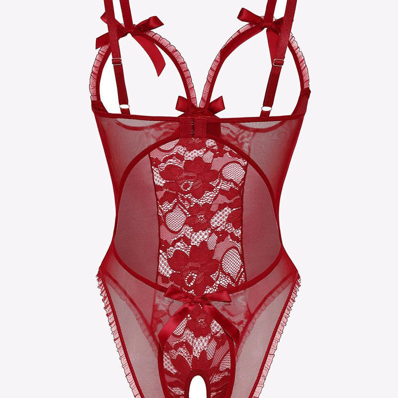 Red lace cut-out bodysuit with bow details, adjustable straps, and open back. Sexy lingerie.