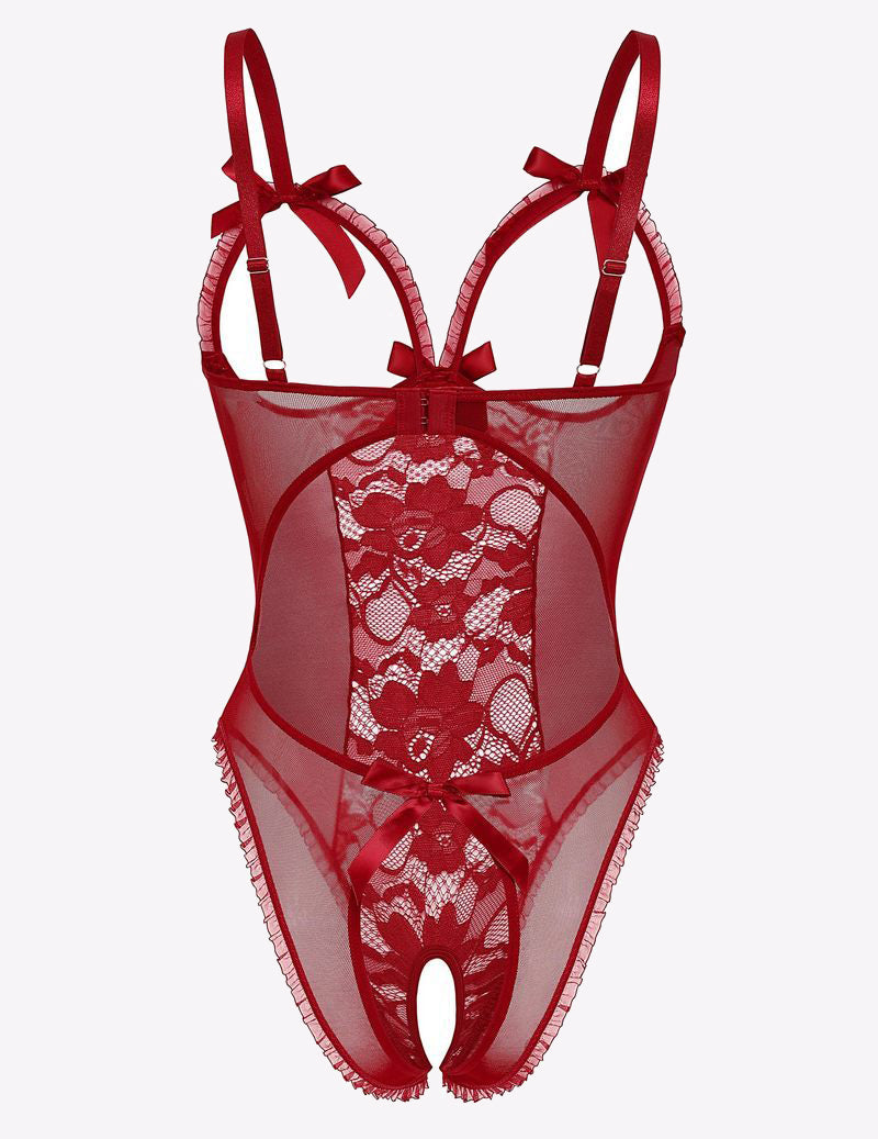 Red lace cut-out bodysuit with bow details, adjustable straps, and open back. Sexy lingerie.