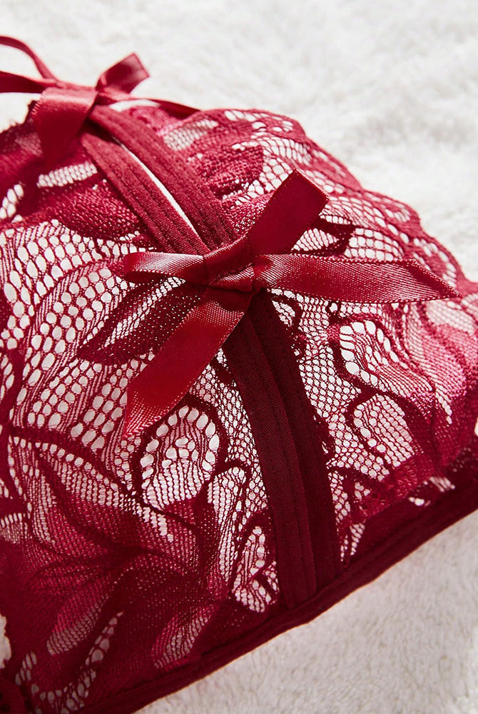 Red lace Avidlove halter bra. Floral lace, halter tie design, 2-piece lingerie set.
