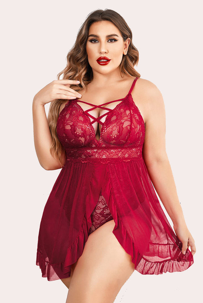 Plus Size Red Lace Babydoll with Criss-cross Straps, Mesh Overlay, Ruffle Hem, Snap Crotch