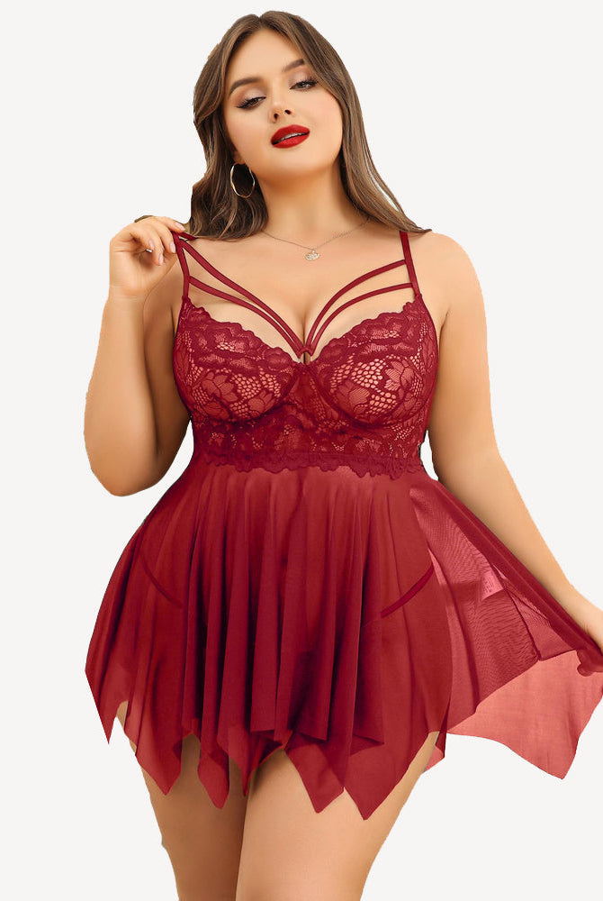Burgundy lace plus size bridal babydoll lingerie with adjustable straps and asymmetrical hem