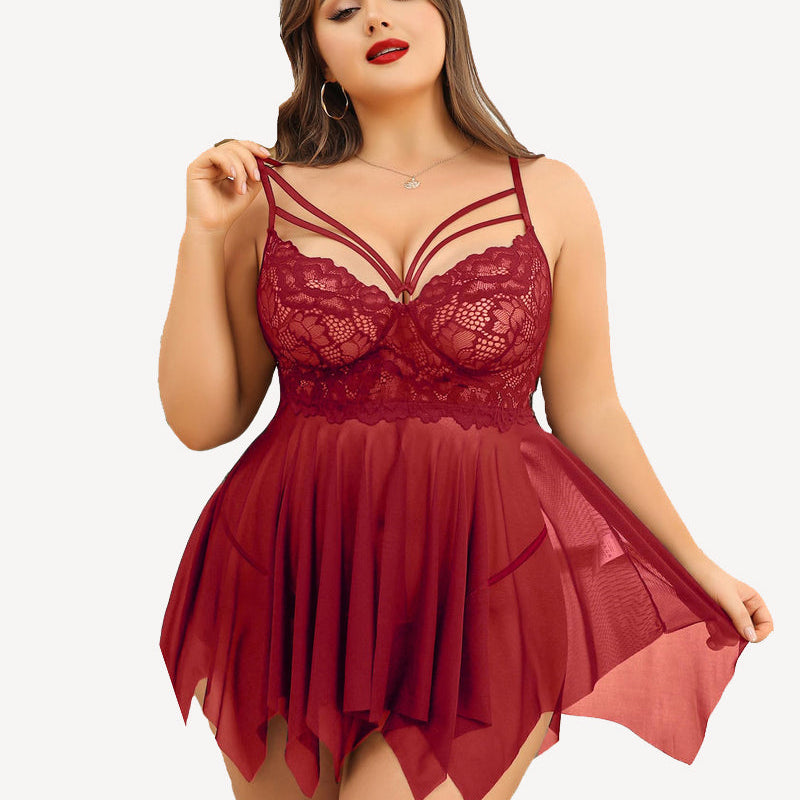 Burgundy lace plus size bridal babydoll lingerie with adjustable straps and asymmetrical hem