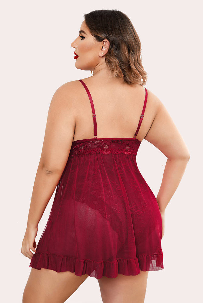 Plus Size Red Babydoll Lingerie with Criss-cross Straps and Ruffle Hem, featuring lace and mesh
