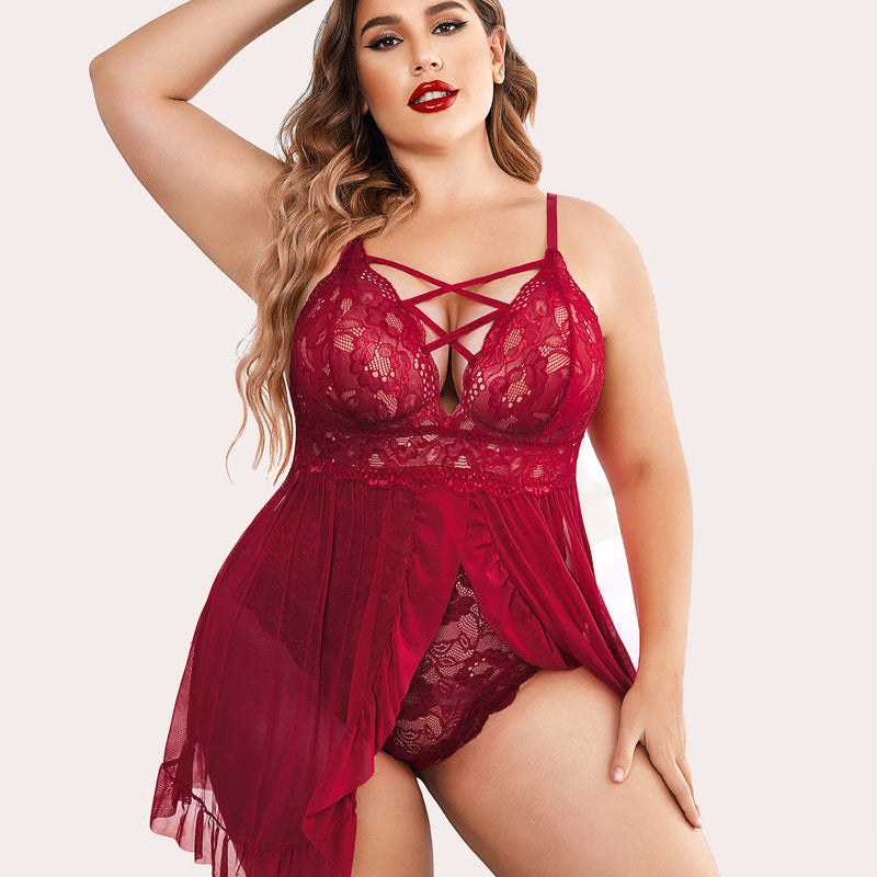 Plus Size Red Lace Babydoll with Criss-cross Straps, Ruffle Hem and Mesh Overlay