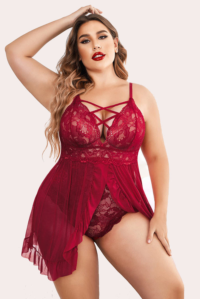 Plus Size Red Babydoll Lingerie with Lace Bodice and Criss-cross Straps