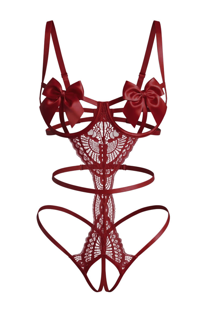 Wine red floral lace teddy with satin bow underwire cups and strappy cutouts