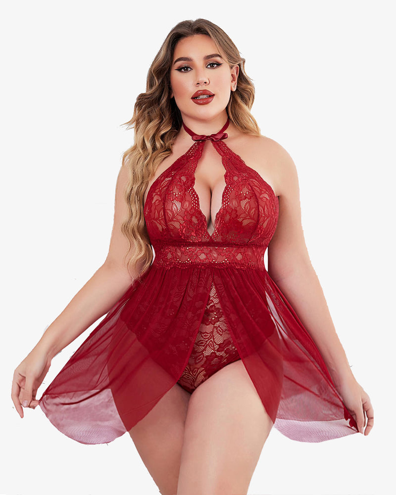 Plus Size Burgundy Lace Halter Neck Babydoll Lingerie with Snap Crotch