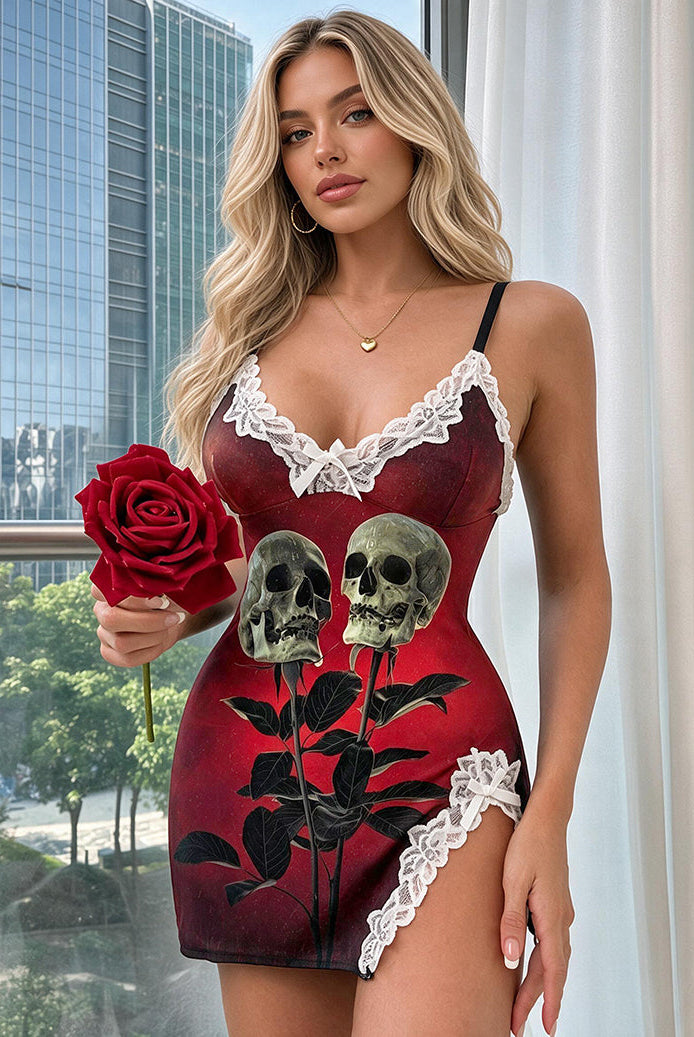 Lace-trim satin babydoll nightgown with red rose and skull graphic print