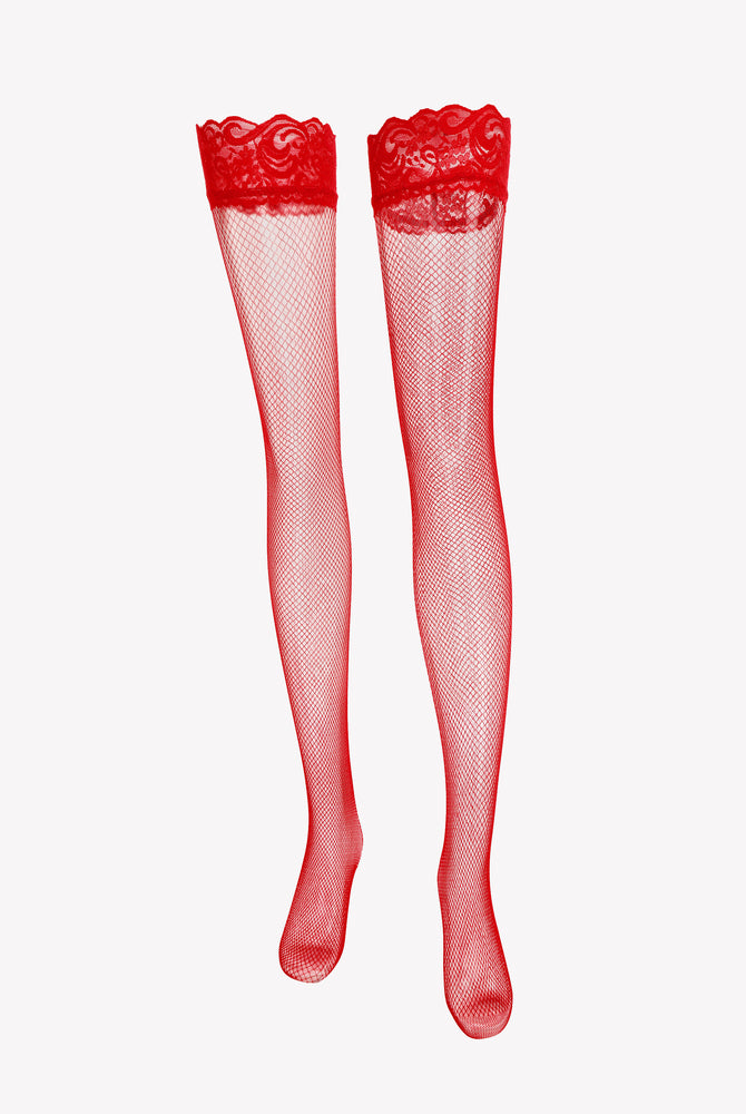 Red fishnet thigh-high stockings with lace trim, perfect for a touch of sexy lingerie