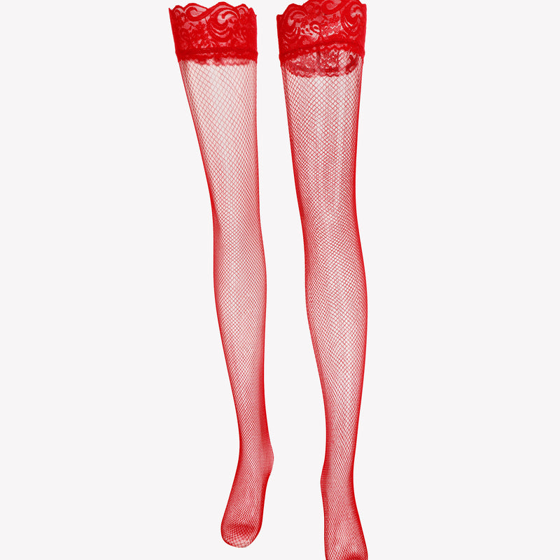 Red fishnet thigh-high stockings with lace trim, perfect for a touch of sexy lingerie
