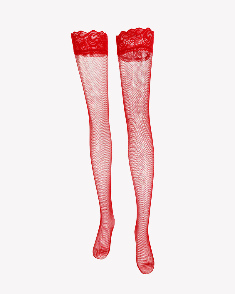 Red fishnet thigh-high stockings with lace trim, perfect for a touch of sexy lingerie