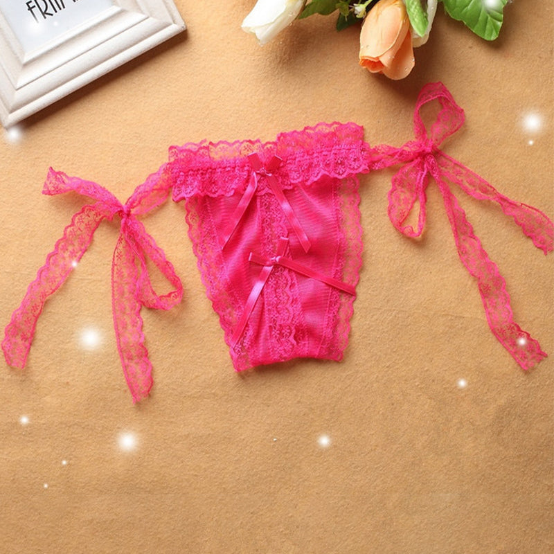 Pink lace-up crotchless thong panty with bow ties