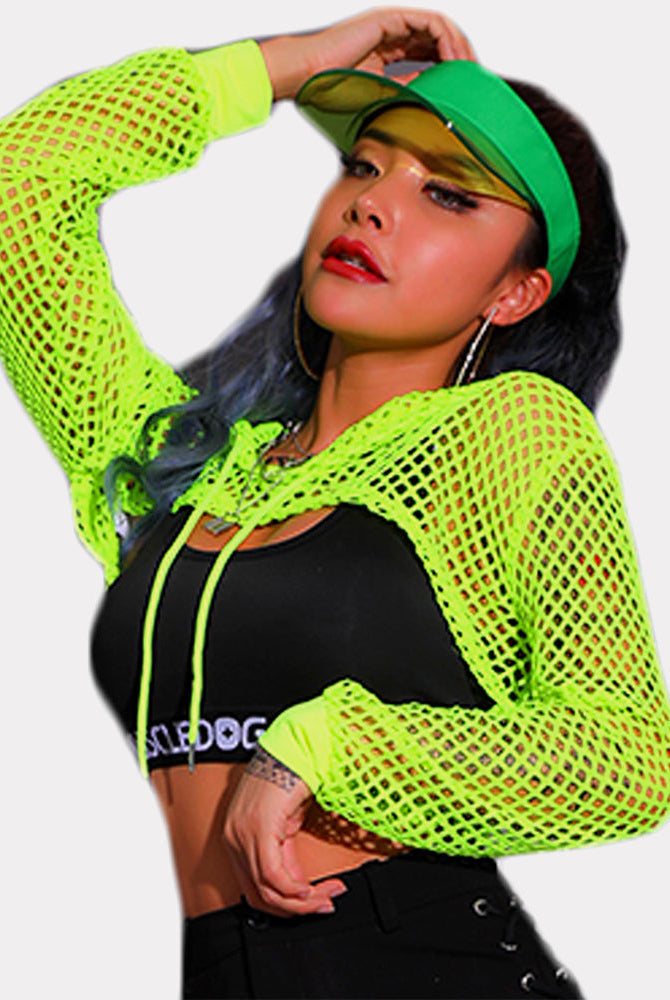 Neon green mesh hoodie crop top with black bra and visor. Sexy Avidlove lingerie for confidence.