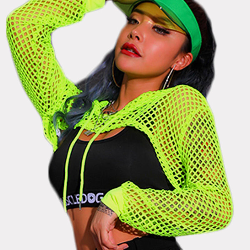 Neon green mesh hoodie crop top with black bra and visor. Sexy Avidlove lingerie for confidence.