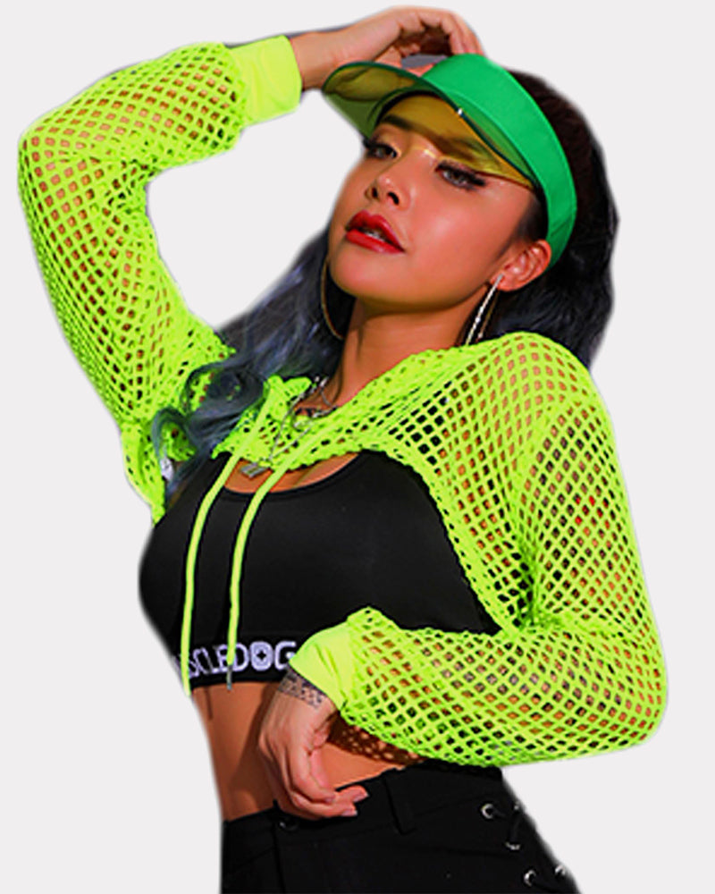 Neon green mesh hoodie crop top with black bra and visor. Sexy Avidlove lingerie for confidence.